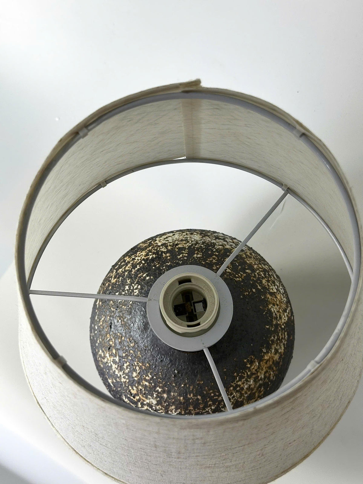 Handcrafted Ceramic Lamp, Ancient Cylindrical Form, Textured Glaze, Linen Shade, Wabi-Sabi Glow