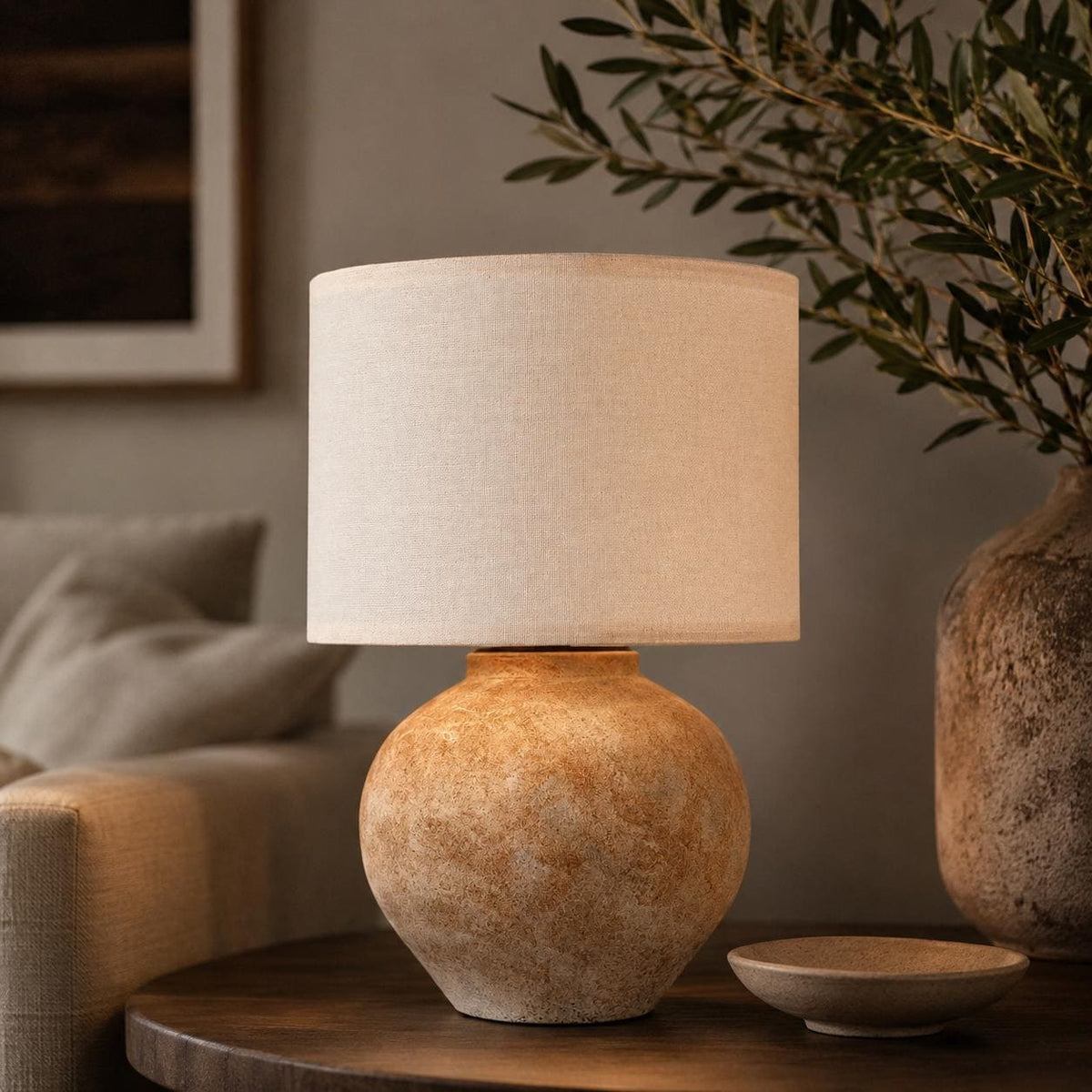 Handcrafted Ceramic Lamp, Ancient Vessel Form, Orange-White Glaze, Linen Shade, Wabi-Sabi