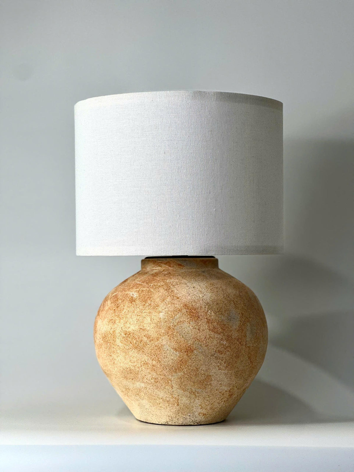 Handcrafted Ceramic Lamp, Ancient Vessel Form, Orange-White Glaze, Linen Shade, Wabi-Sabi