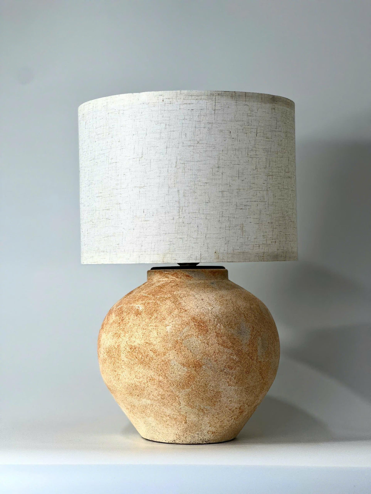 Handcrafted Ceramic Lamp, Ancient Vessel Form, Orange-White Glaze, Linen Shade, Wabi-Sabi