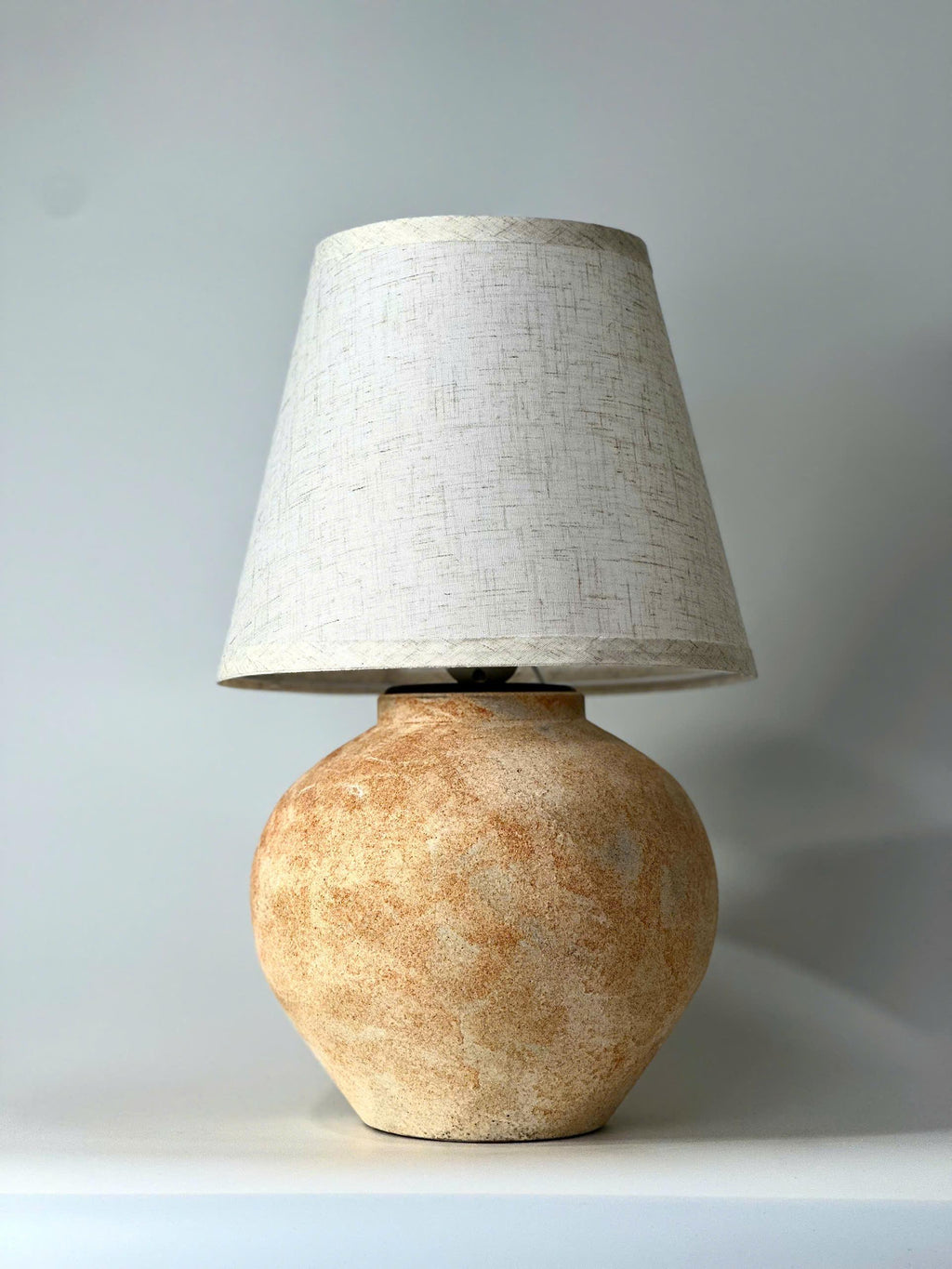 Handcrafted Ceramic Lamp, Ancient Vessel Form, Orange-White Glaze, Linen Shade, Wabi-Sabi