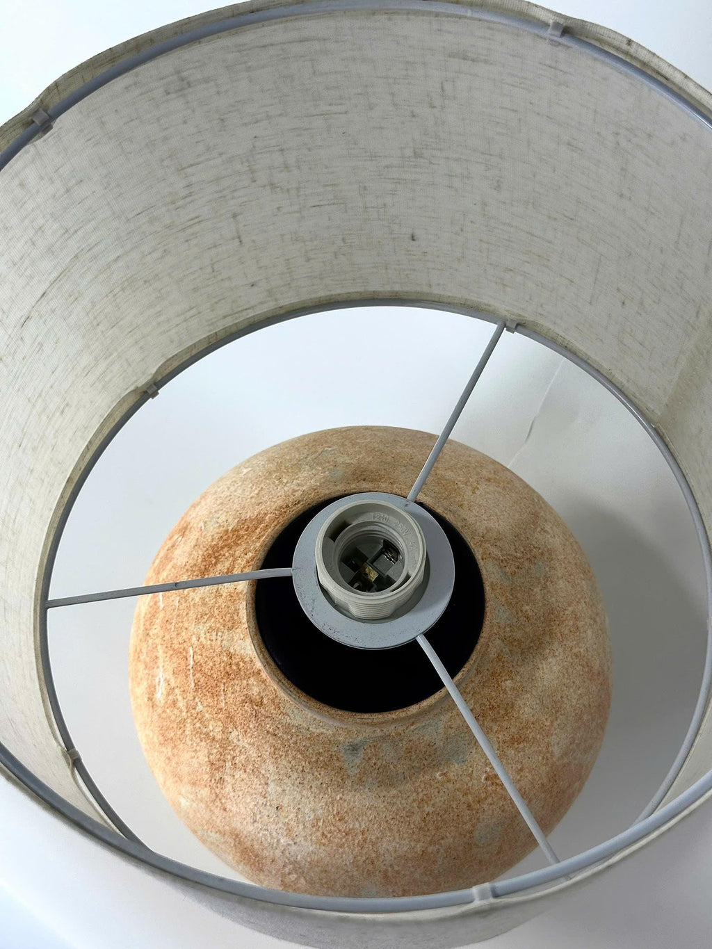Handcrafted Ceramic Lamp, Ancient Vessel Form, Orange-White Glaze, Linen Shade, Wabi-Sabi