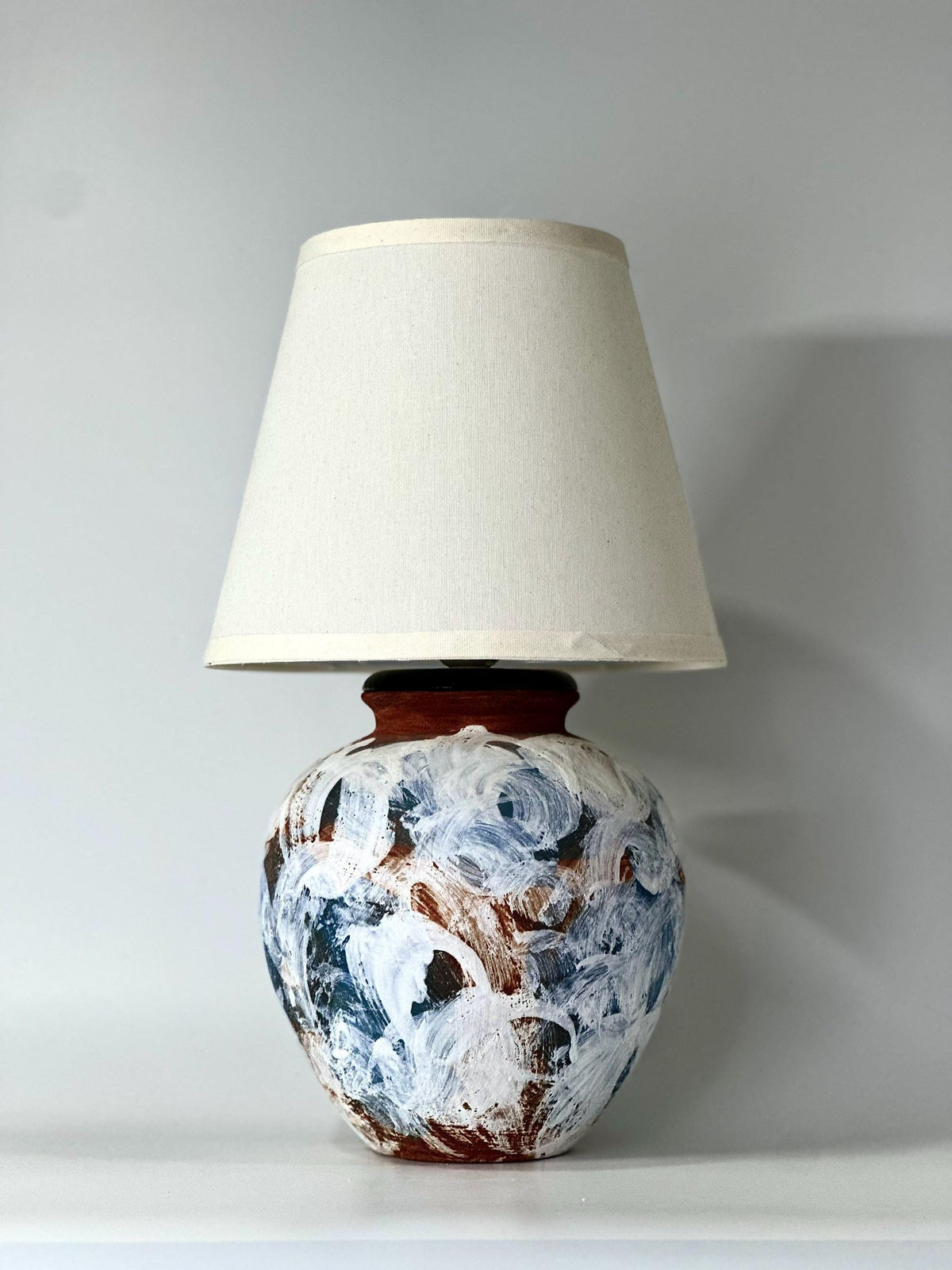 Hand-Painted Ceramic Lamp, Blue White Textures, Linen Shade, Wabi-Sabi Glow