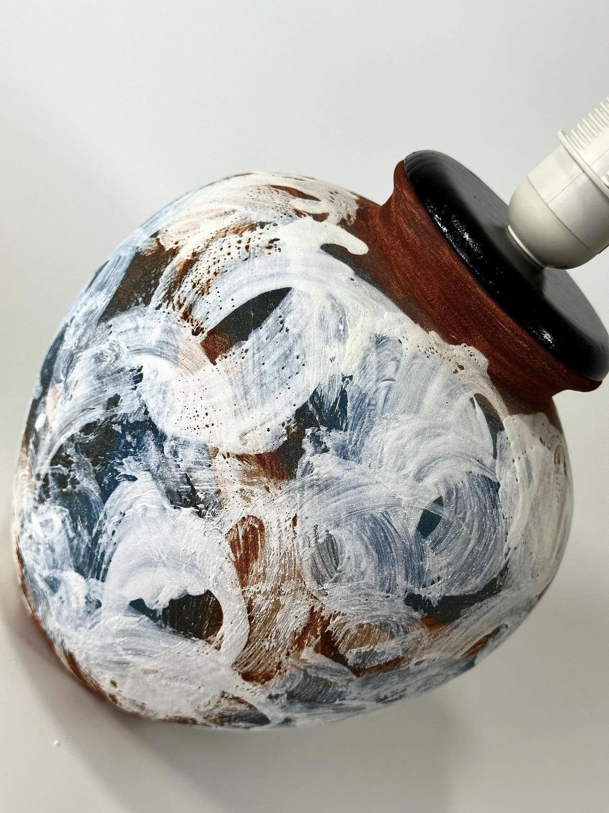 Hand-Painted Ceramic Lamp, Blue White Textures, Linen Shade, Wabi-Sabi Glow