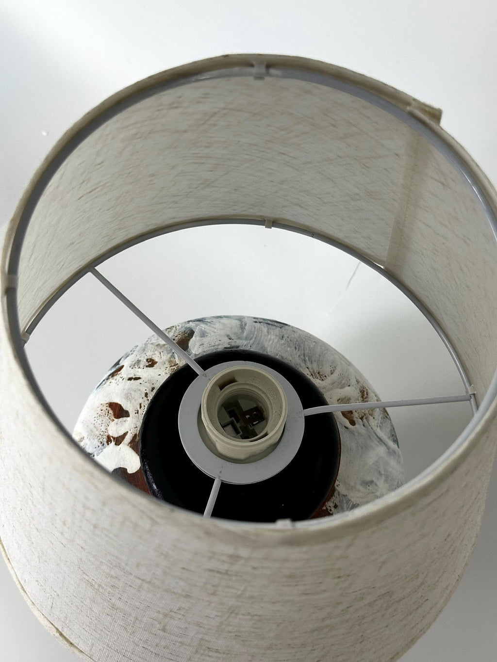 Hand-Painted Ceramic Lamp, Blue White Textures, Linen Shade, Wabi-Sabi Glow