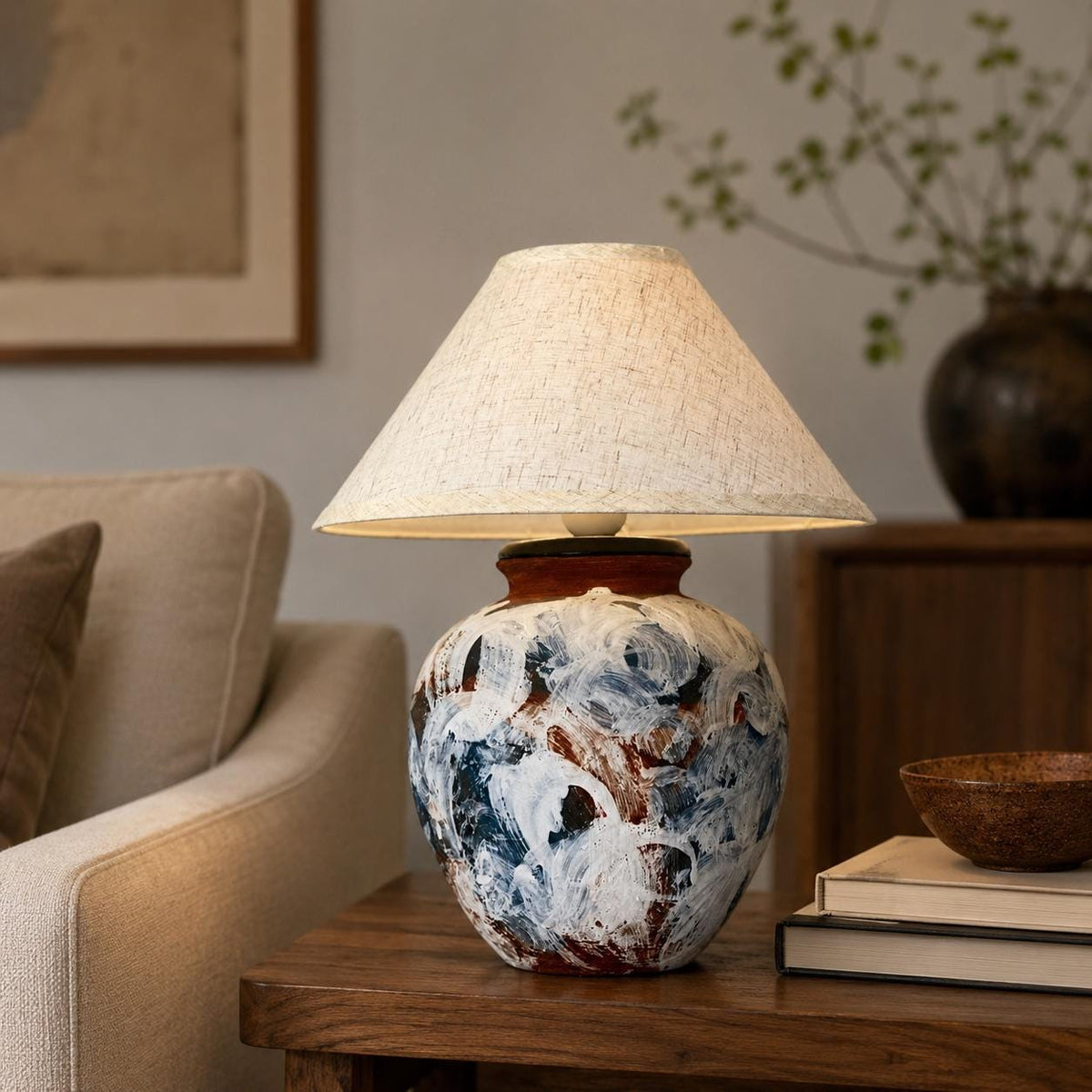 Hand-Painted Ceramic Lamp, Blue White Textures, Linen Shade, Wabi-Sabi Glow