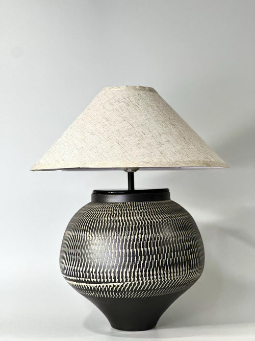 Hand-Carved Ceramic Table Lamp, Wabi-Sabi Ambient Glow, Linen Shade