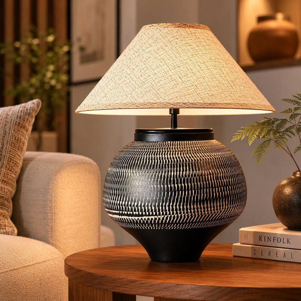 Hand-Carved Ceramic Table Lamp, Wabi-Sabi Ambient Glow, Linen Shade