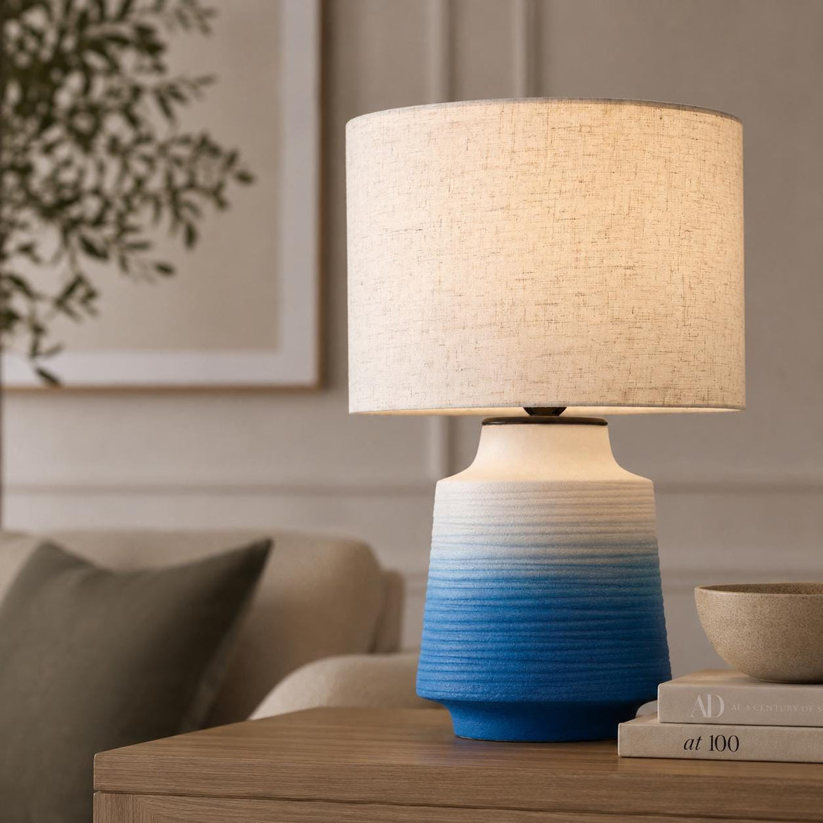 Handmade Ceramic Table Lamp – Ocean Gradient, Bat Trang Pottery, Minimalist Design