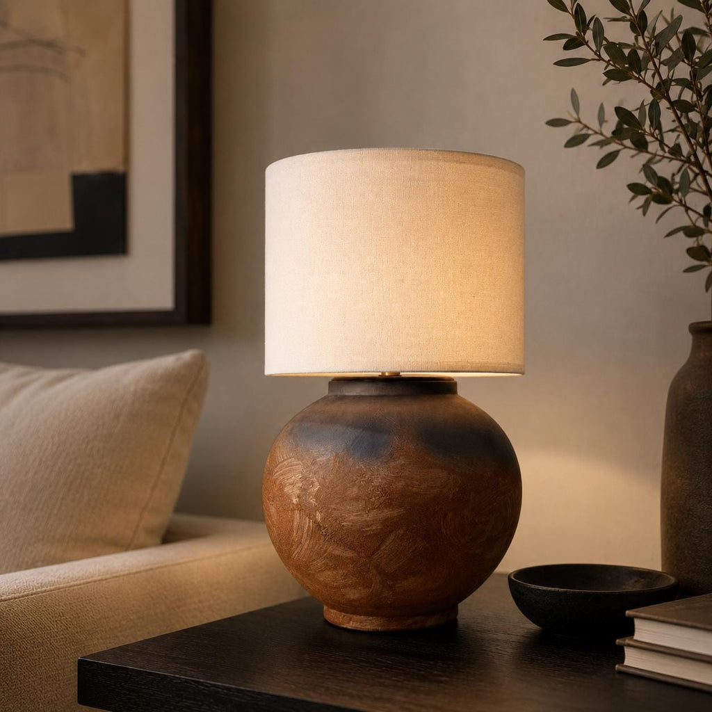 Handcrafted Ceramic Lamp, Ancient Vessel Base, Textured Glaze, Linen Shade, Wabi-Sabi Glow