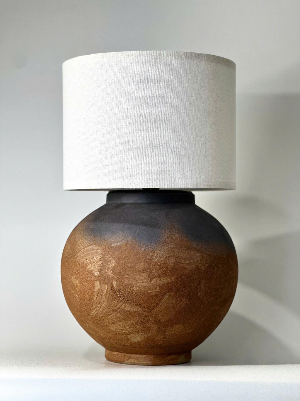 Handcrafted Ceramic Lamp, Ancient Vessel Base, Textured Glaze, Linen Shade, Wabi-Sabi Glow