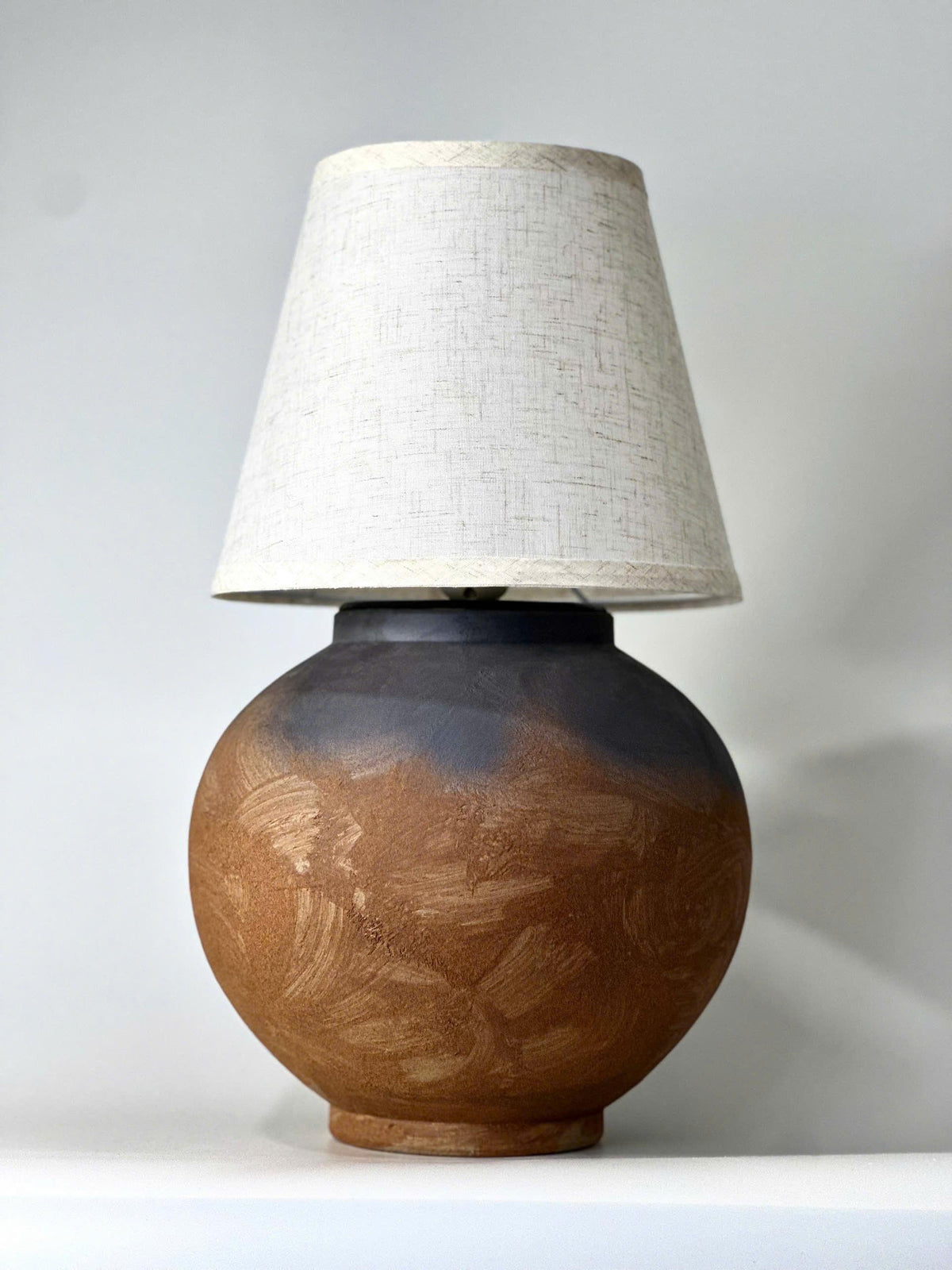 Handcrafted Ceramic Lamp, Ancient Vessel Base, Textured Glaze, Linen Shade, Wabi-Sabi Glow
