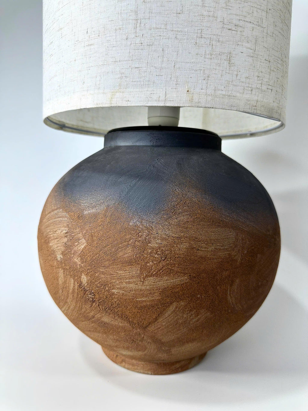 Handcrafted Ceramic Lamp, Ancient Vessel Base, Textured Glaze, Linen Shade, Wabi-Sabi Glow