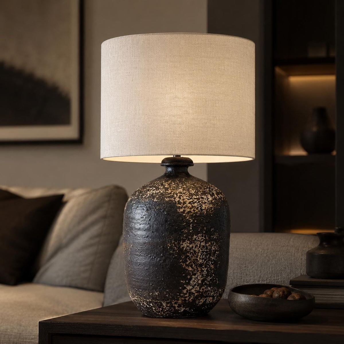Handcrafted Ceramic Lamp, Ancient Cylindrical Form, Textured Glaze, Linen Shade, Wabi-Sabi Glow