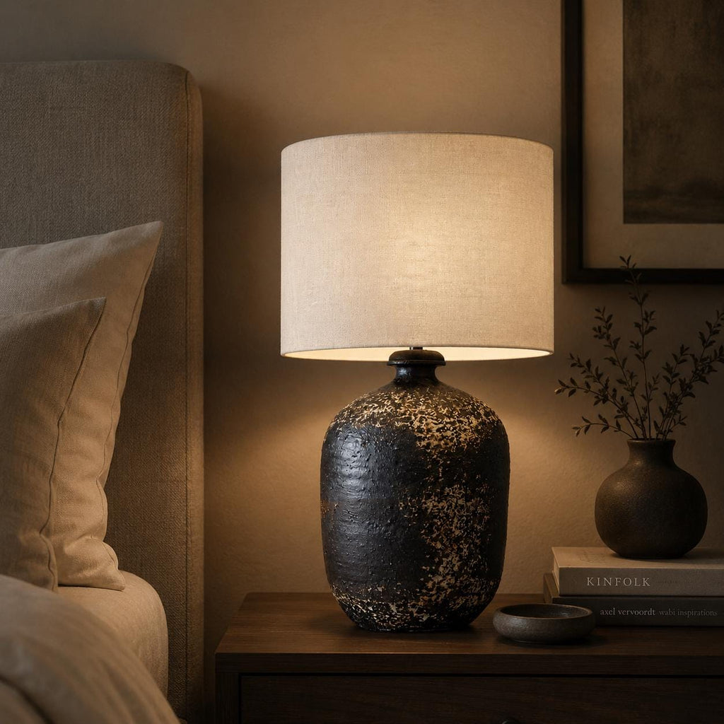 Handcrafted Ceramic Lamp, Ancient Cylindrical Form, Textured Glaze, Linen Shade, Wabi-Sabi Glow