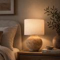 Handcrafted Ceramic Lamp, Ancient Vessel Form, Orange-White Glaze, Linen Shade, Wabi-Sabi