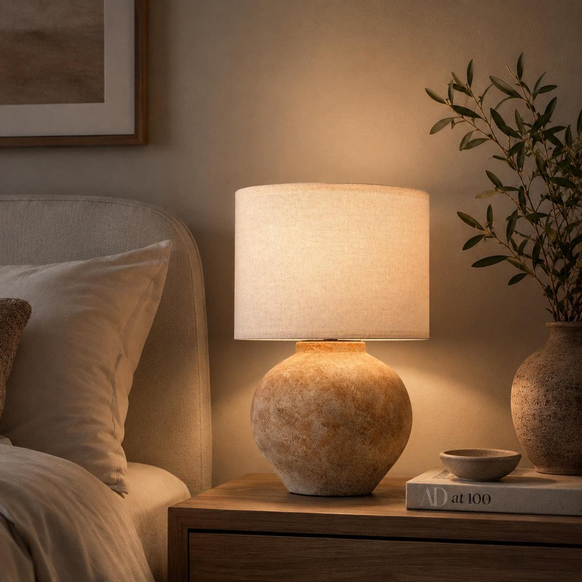Handcrafted Ceramic Lamp, Ancient Vessel Form, Orange-White Glaze, Linen Shade, Wabi-Sabi