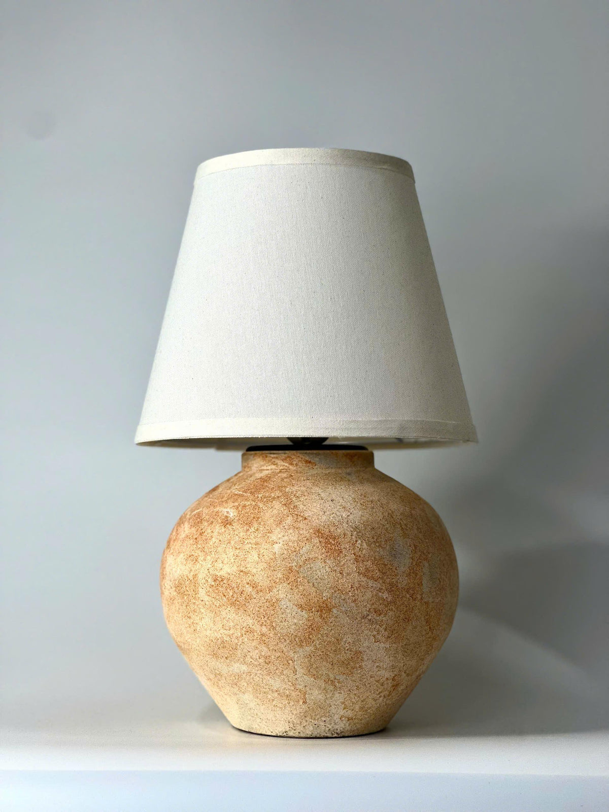 Handcrafted Ceramic Lamp, Ancient Vessel Form, Orange-White Glaze, Linen Shade, Wabi-Sabi