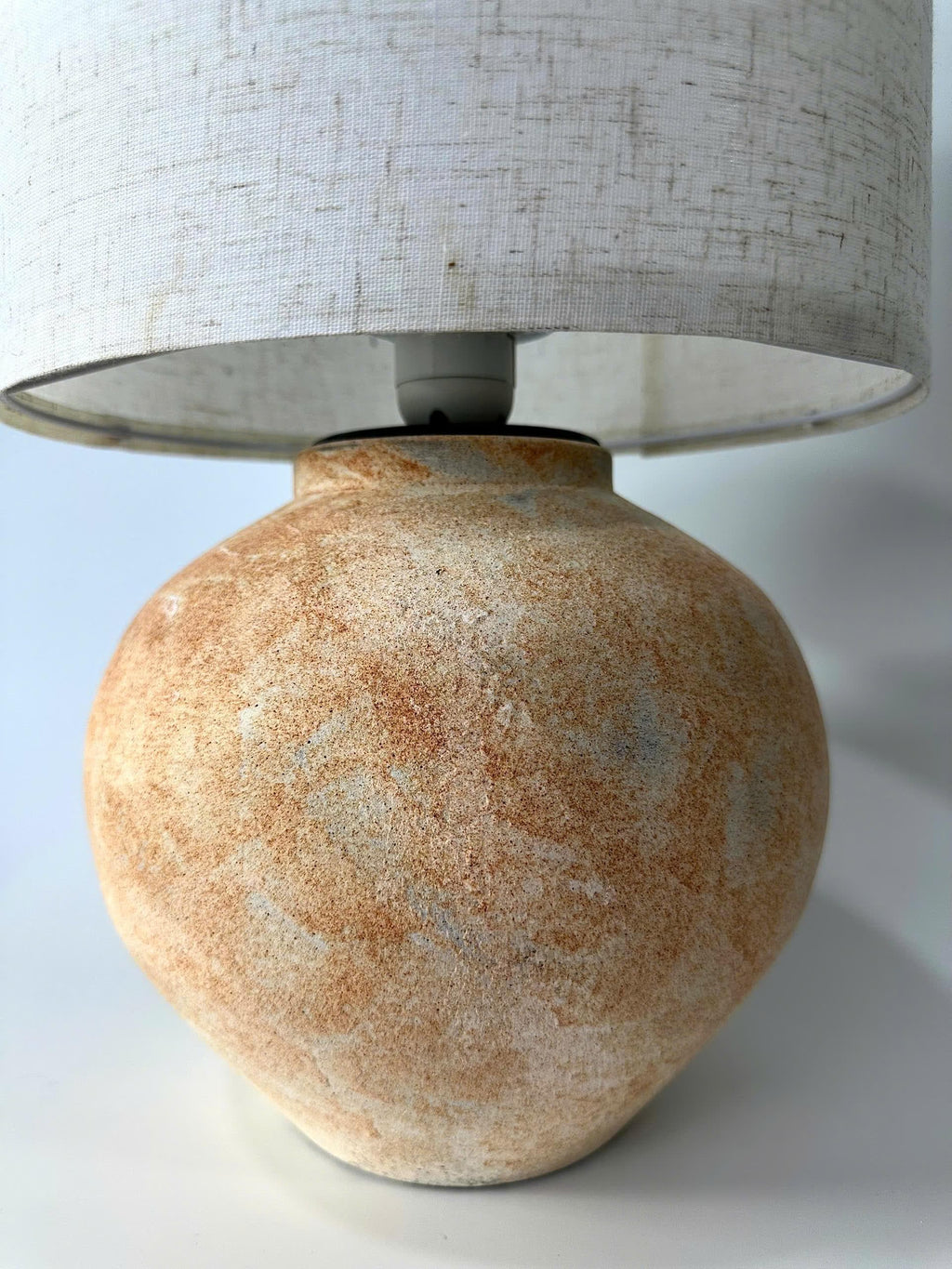 Handcrafted Ceramic Lamp, Ancient Vessel Form, Orange-White Glaze, Linen Shade, Wabi-Sabi