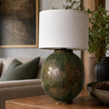 Handcrafted Ceramic Table Lamp: Jade-Black Glaze, Linen Shade, Wabi-Sabi Ambiance