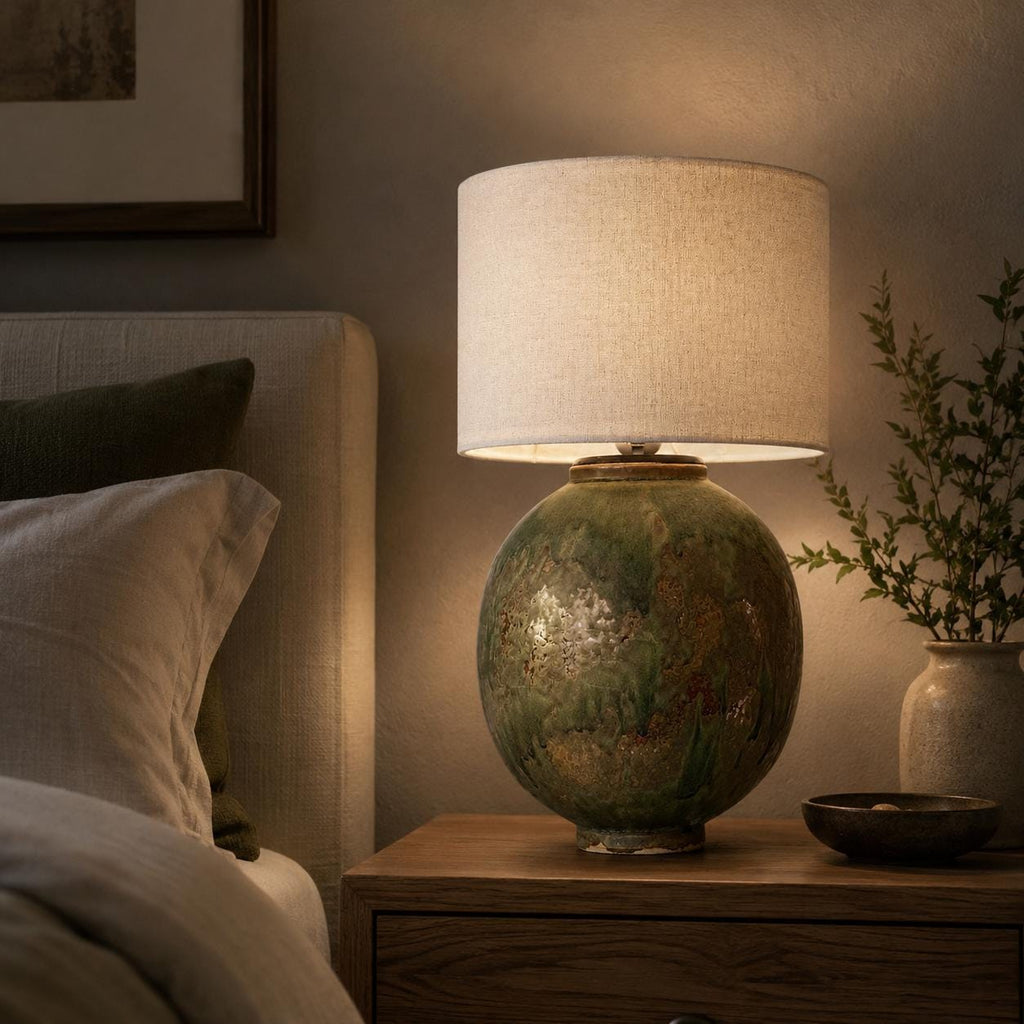 Handcrafted Ceramic Table Lamp: Jade-Black Glaze, Linen Shade, Wabi-Sabi Ambiance