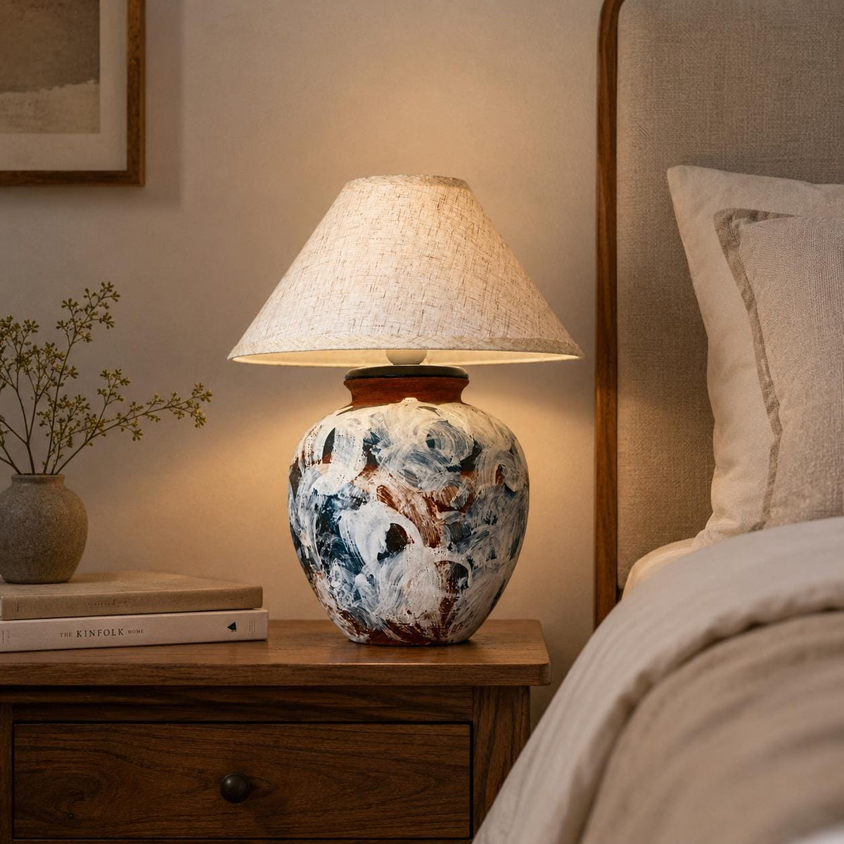 Hand-Painted Ceramic Lamp, Blue White Textures, Linen Shade, Wabi-Sabi Glow