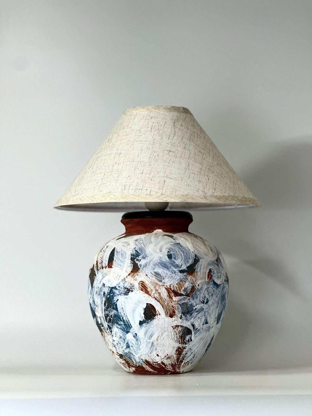 Hand-Painted Ceramic Lamp, Blue White Textures, Linen Shade, Wabi-Sabi Glow