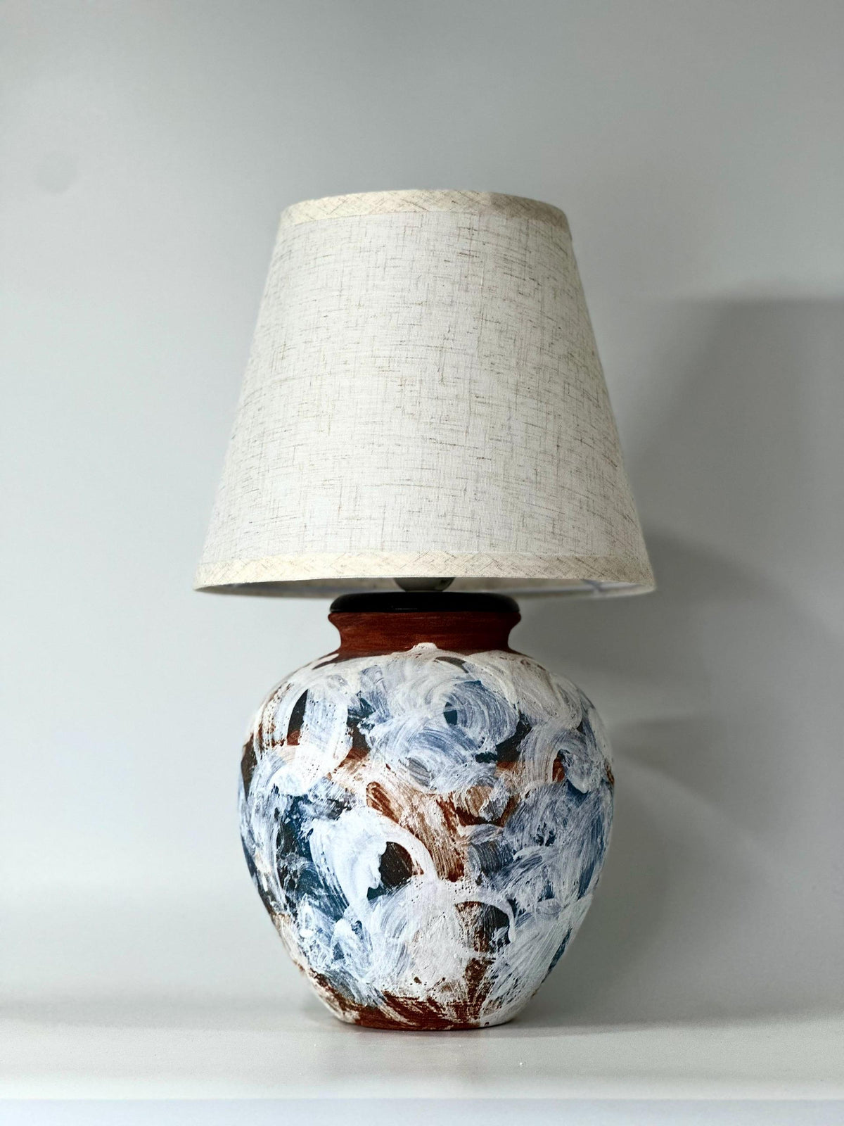 Hand-Painted Ceramic Lamp, Blue White Textures, Linen Shade, Wabi-Sabi Glow