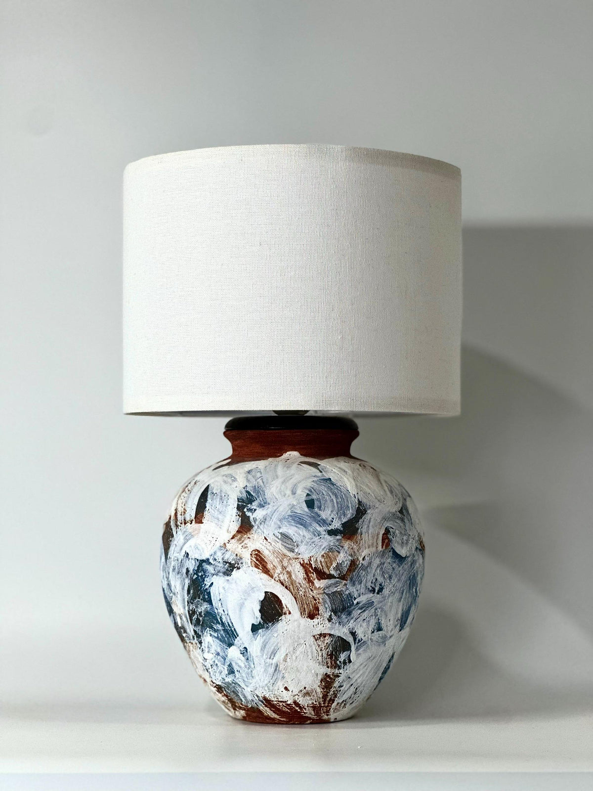Hand-Painted Ceramic Lamp, Blue White Textures, Linen Shade, Wabi-Sabi Glow