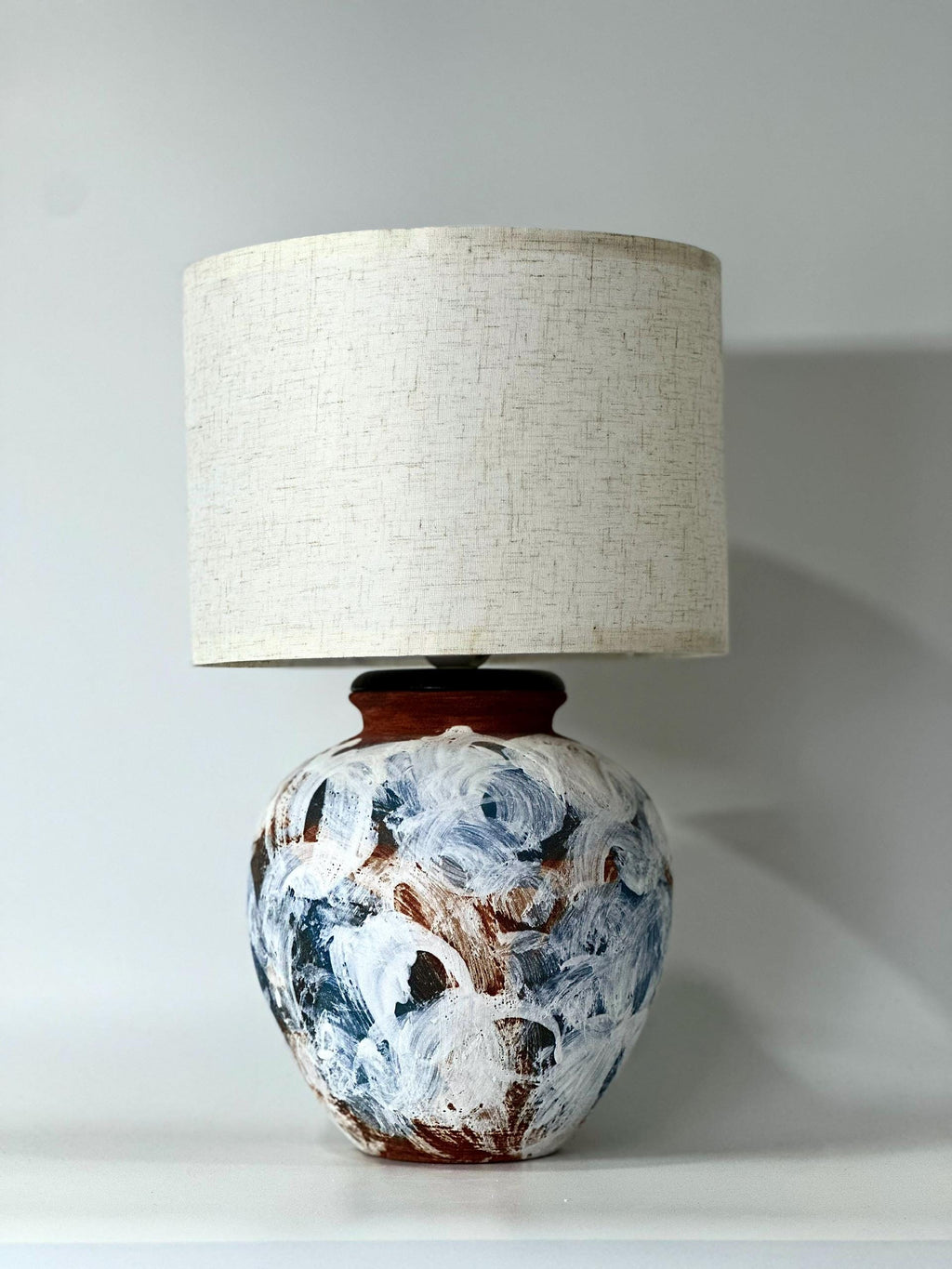Hand-Painted Ceramic Lamp, Blue White Textures, Linen Shade, Wabi-Sabi Glow