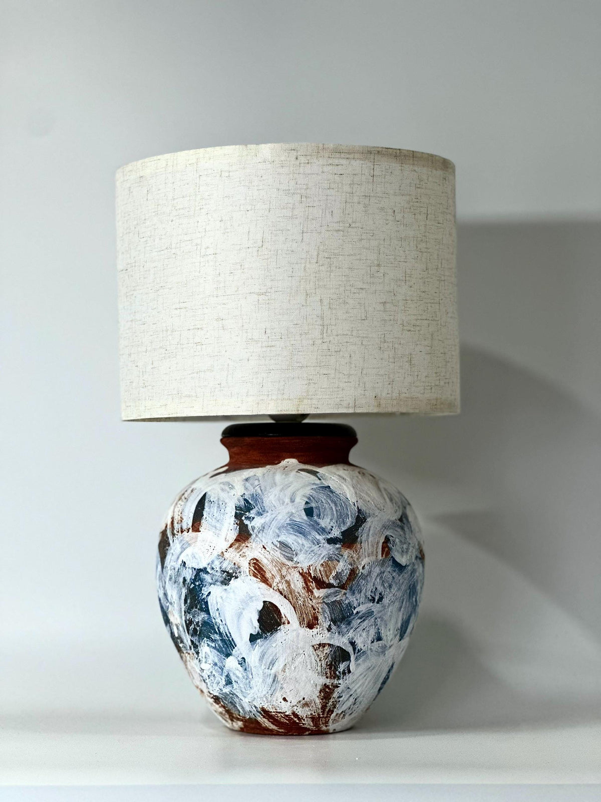 Hand-Painted Ceramic Lamp, Blue White Textures, Linen Shade, Wabi-Sabi Glow