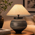 Hand-Carved Ceramic Table Lamp, Wabi-Sabi Ambient Glow, Linen Shade