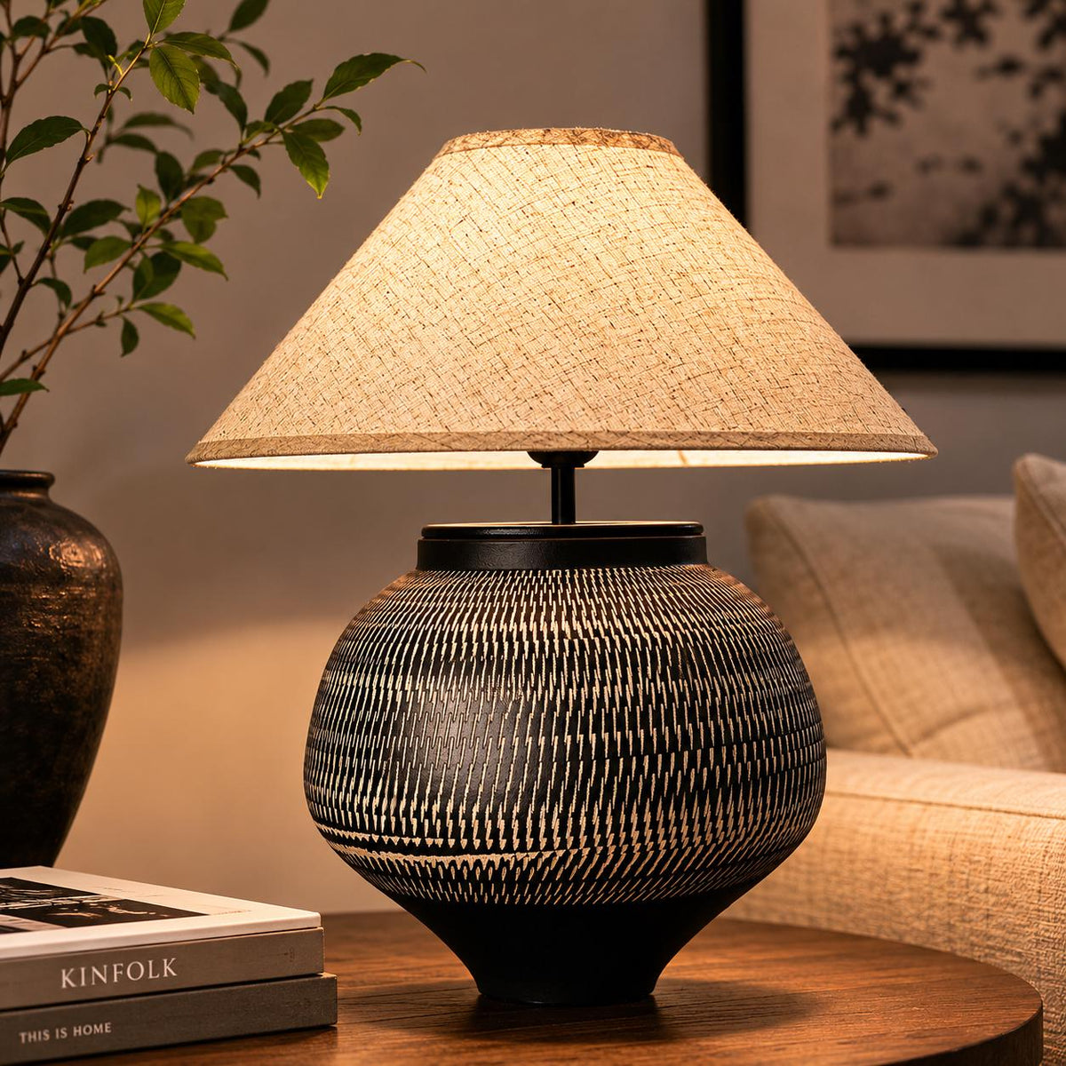 Hand-Carved Ceramic Table Lamp, Wabi-Sabi Ambient Glow, Linen Shade