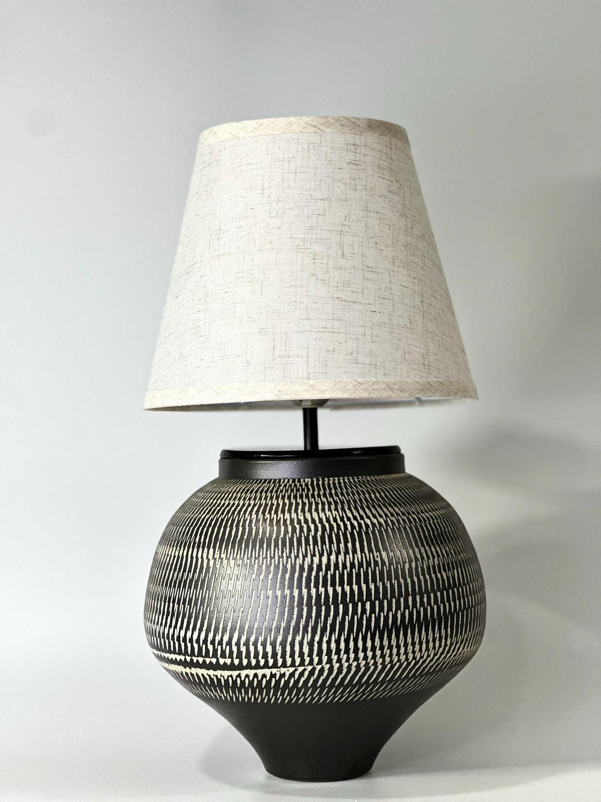 Hand-Carved Ceramic Table Lamp, Wabi-Sabi Ambient Glow, Linen Shade