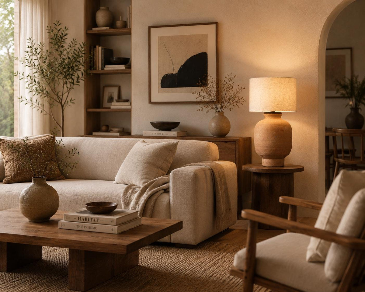 Handmade Ceramic Table Lamp, Earthy Tones, Cozy Ambient Glow, Japandi Wabi-Sabi Interiors