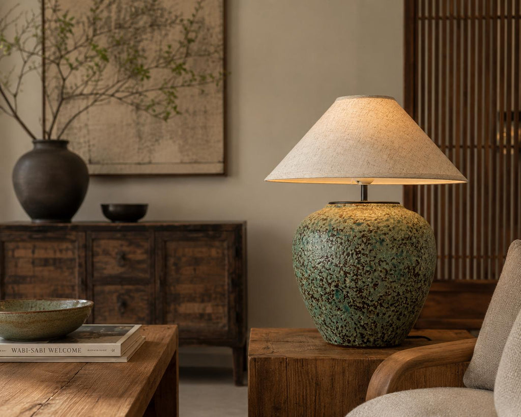 Handmade Ceramic Table Lamp, Speckled Glaze, Wabi-Sabi Glow, Linen Shade