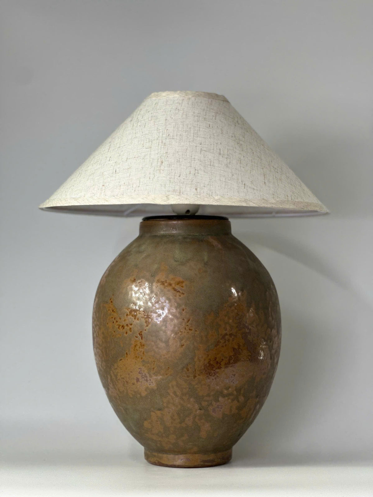 Handcrafted Ceramic Table Lamp: Jade-Black Glaze, Linen Shade, Wabi-Sabi Ambiance