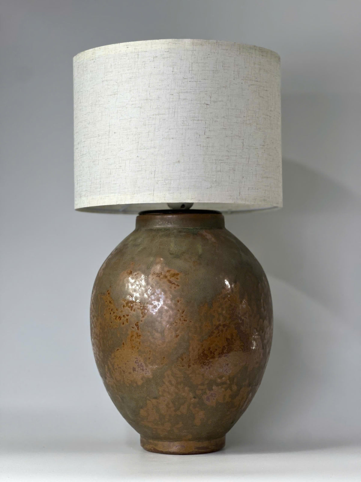 Handcrafted Ceramic Table Lamp: Jade-Black Glaze, Linen Shade, Wabi-Sabi Ambiance