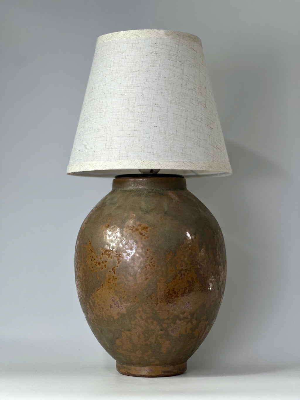 Handcrafted Ceramic Table Lamp: Jade-Black Glaze, Linen Shade, Wabi-Sabi Ambiance