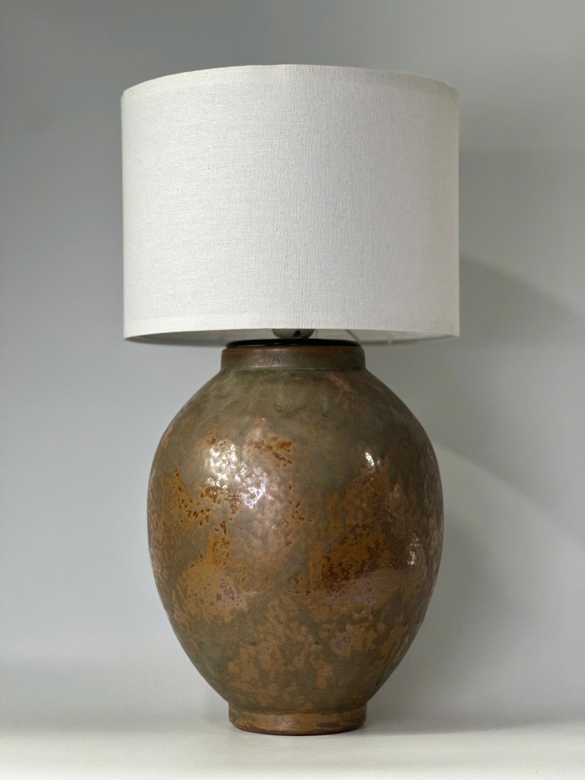 Handcrafted Ceramic Table Lamp: Jade-Black Glaze, Linen Shade, Wabi-Sabi Ambiance