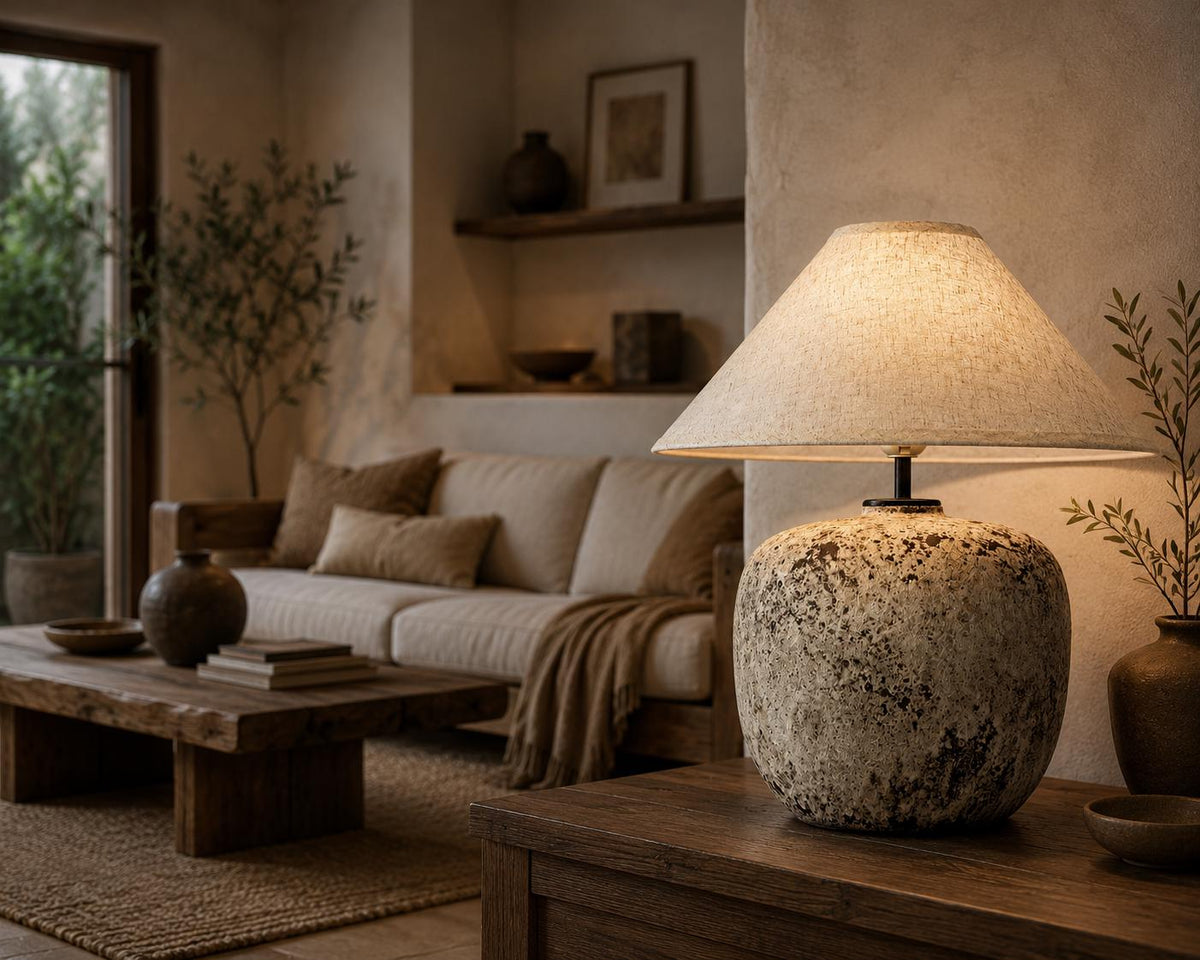 Handcrafted ceramic lamp with an antique-inspired finish. Timeless texture, soft glow, endless warmth