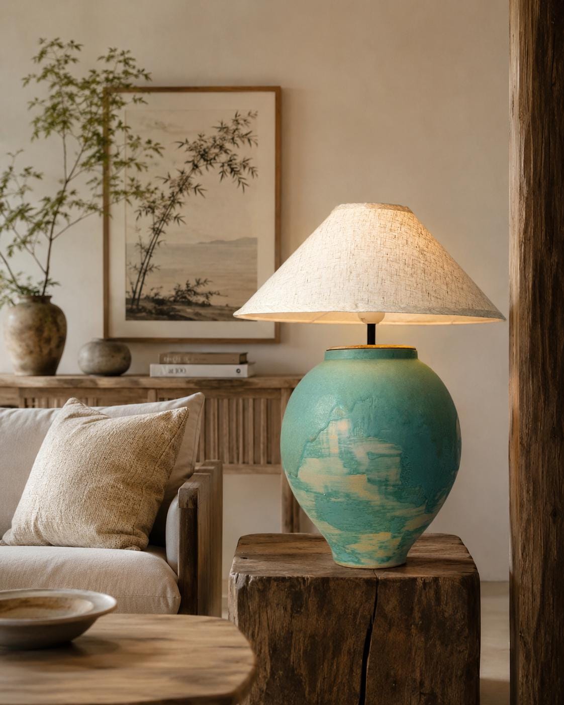 Handcrafted Ceramic Table Lamp, Turquoise Glaze, Japandi Wabi-Sabi Coastal Farmhouse Lighting