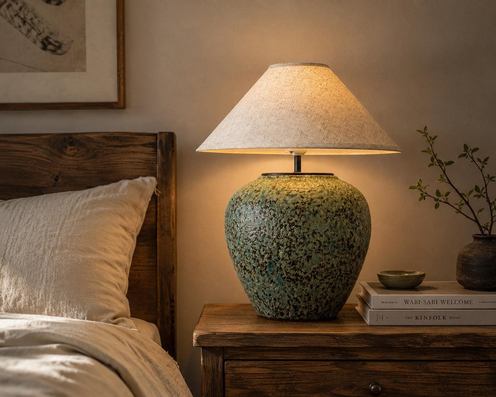 Handmade Ceramic Table Lamp, Speckled Glaze, Wabi-Sabi Glow, Linen Shade