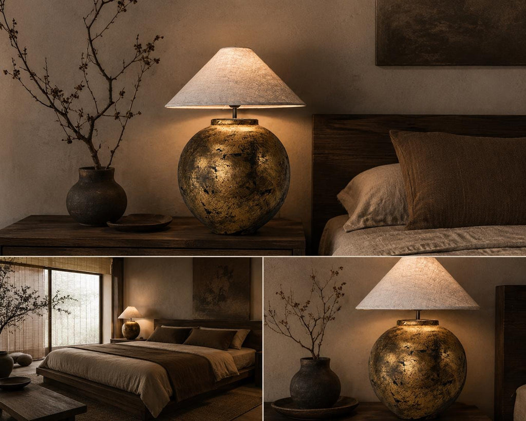 Handmade ceramic table lamp with a vintage gold finish—bringing warm, timeless elegance to any cozy interior.
