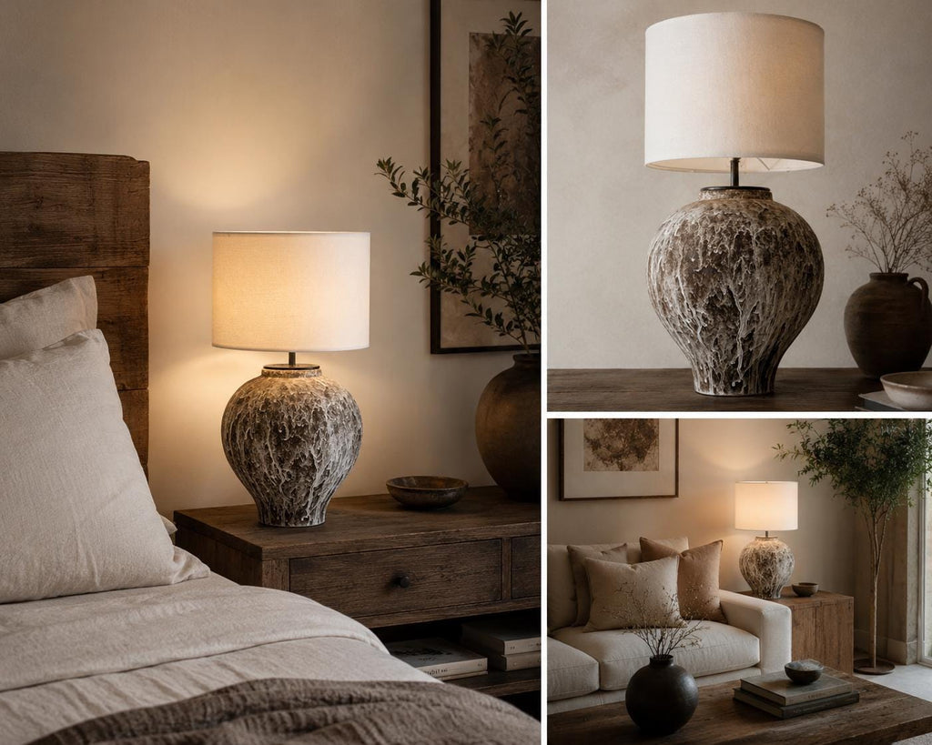 Handcrafted ceramic table lamp with an aged earthy finish, bringing warm wabi-sabi charm and timeless elegance to any space.