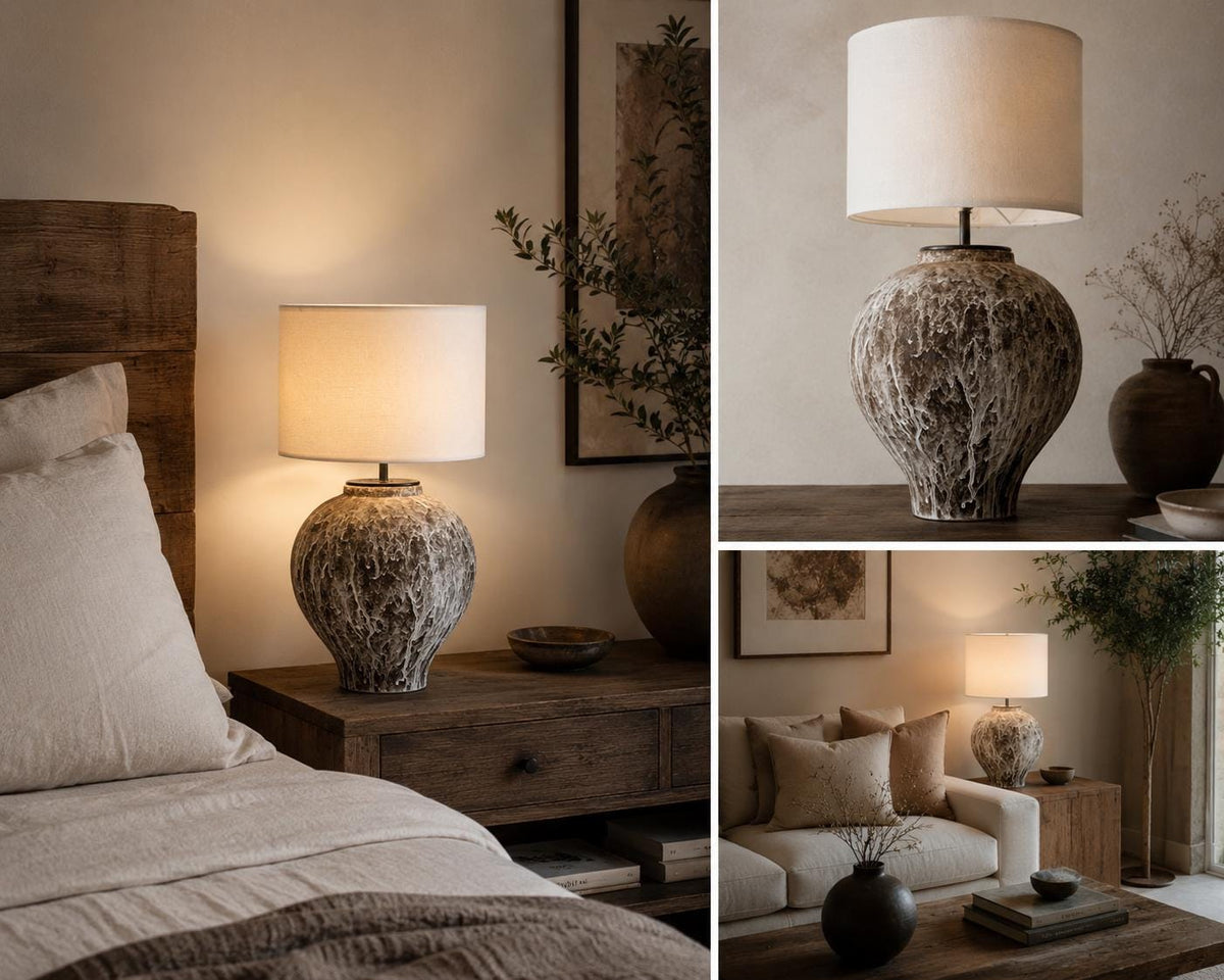 Handcrafted ceramic table lamp with an aged earthy finish, bringing warm wabi-sabi charm and timeless elegance to any space.