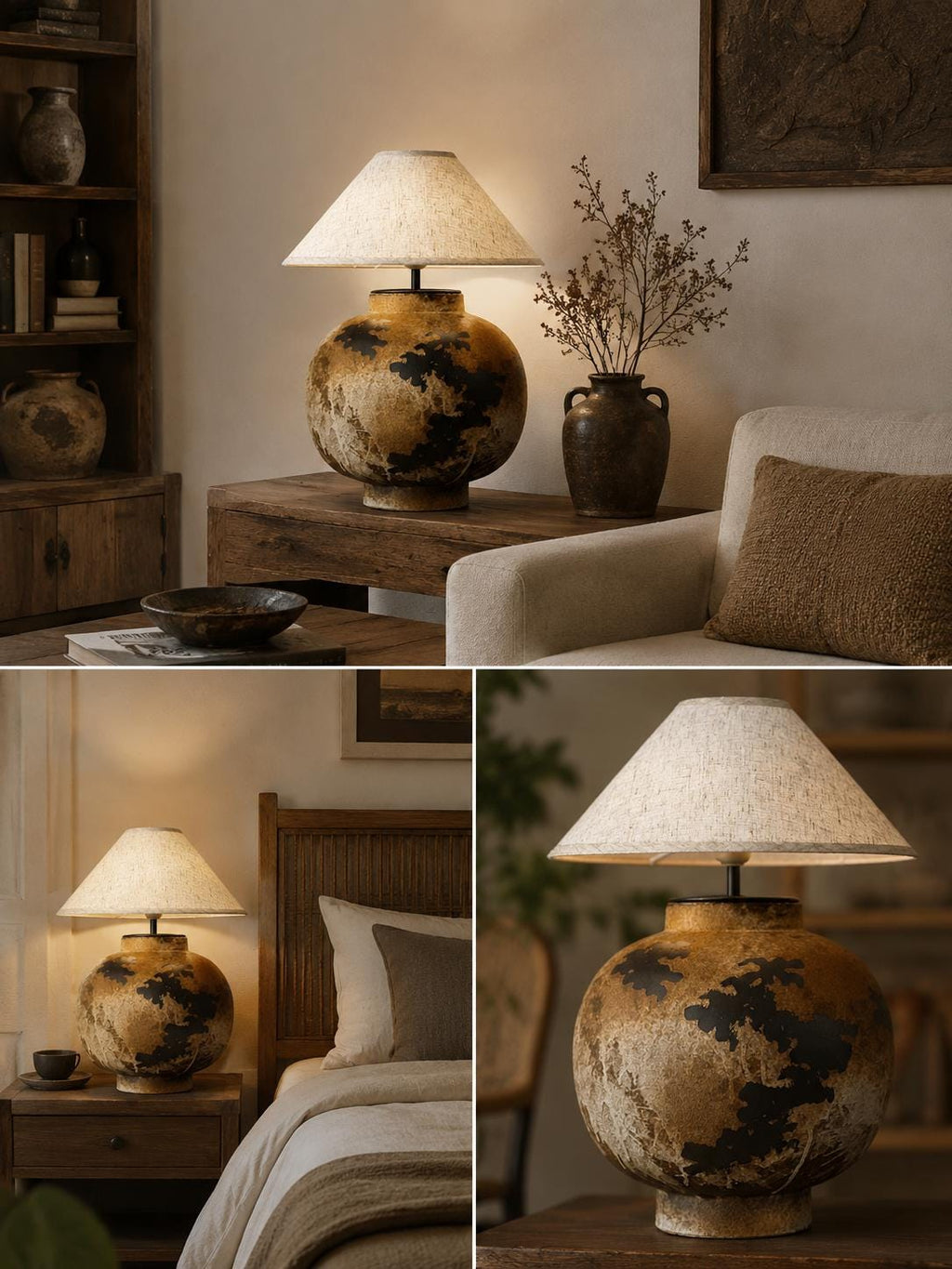Handcrafted ceramic table lamp with rustic earthy textures, creating a warm, cozy glow for wabi-sabi, Japandi, and modern homes.