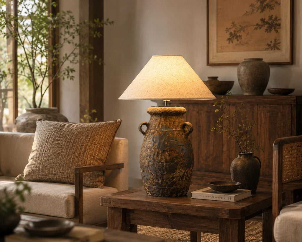Handcrafted ceramic table lamp with rustic earthy textures, creating a warm, cozy glow for wabi-sabi, Japandi, and modern homes.